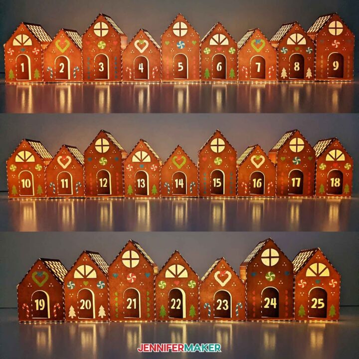 Gingerbread Village Countdown with 25 little houses for treats, tealights, and fun!