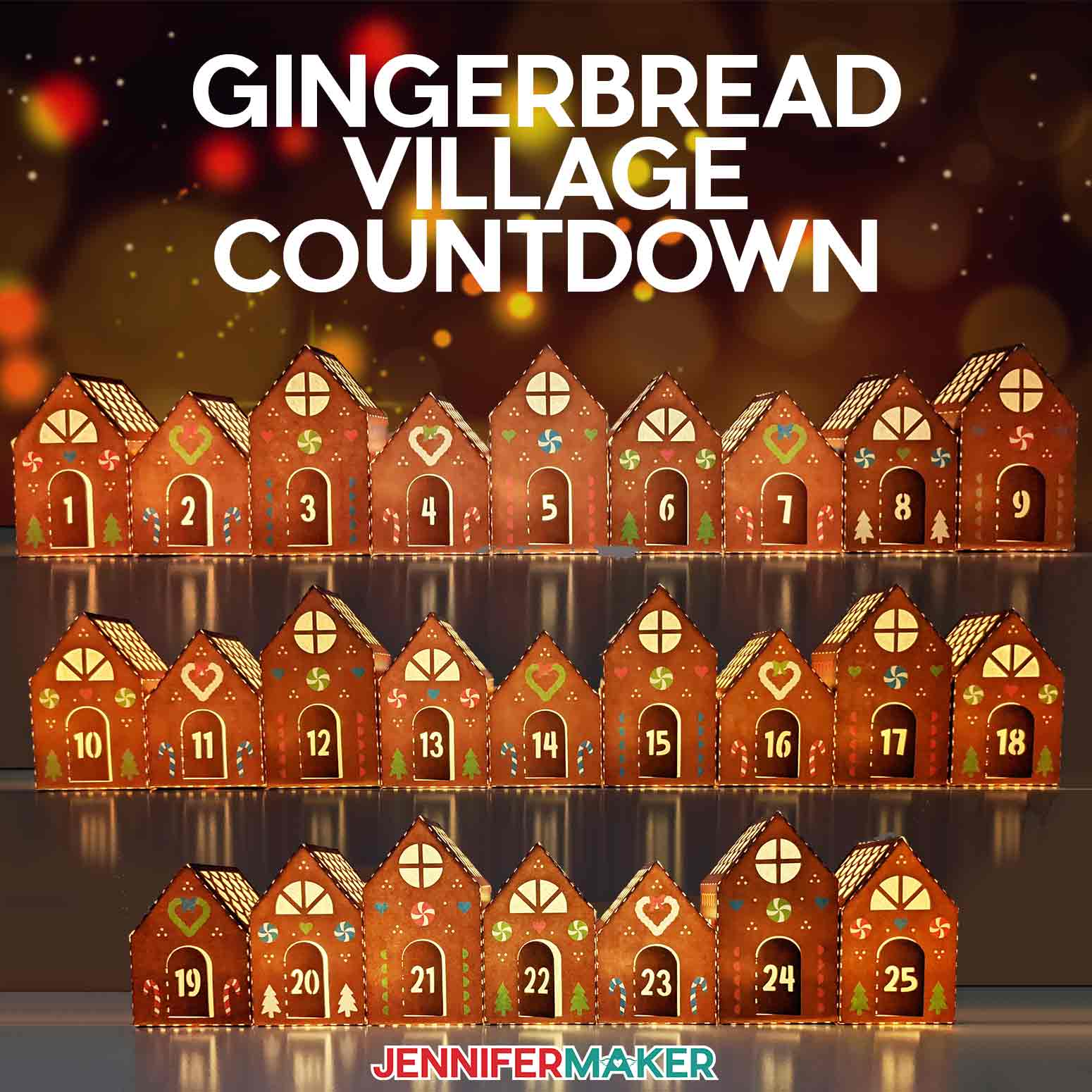 Gingerbread village countdown with 25 cardstock houses lit up as an advent calendar.