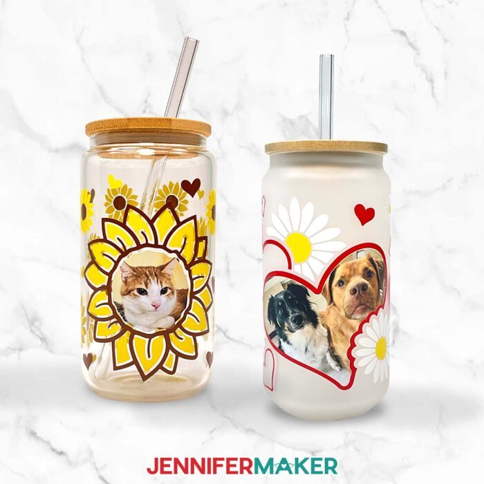 Glass cans with pet designs.