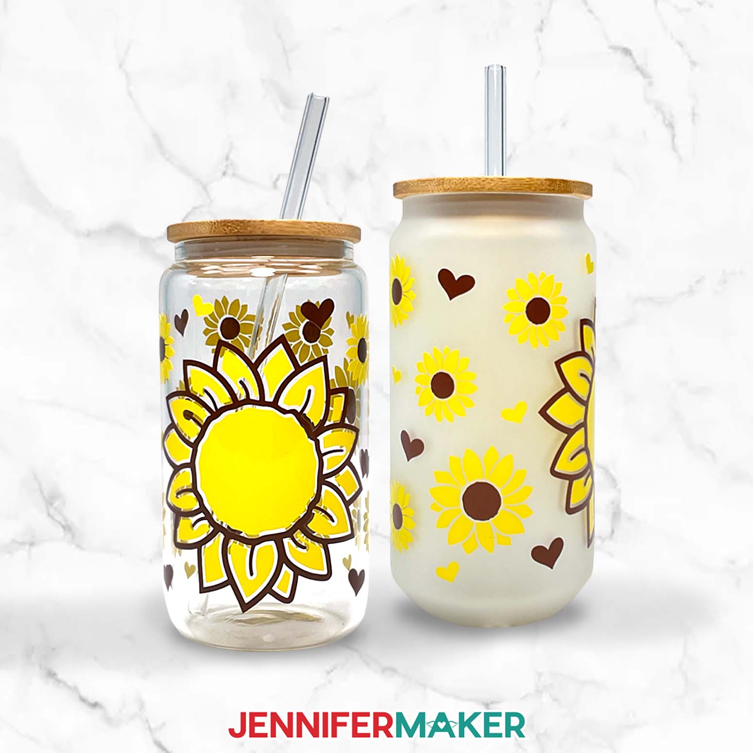 The finished sunflower glass can wrap design on clear and frosted glasses.