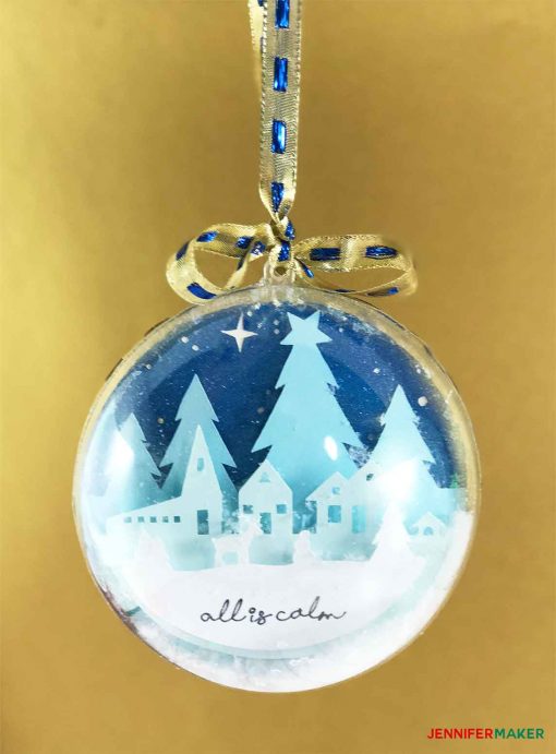 DIY Glitter Ball Ornament, Two Sides, Two Scenes | Silent Night | All is Calm, All is Bright | Christmas Ornament | Free SVG Cut Files. Make Cricut Christmas Ornaments with JenniferMaker's tutorial!