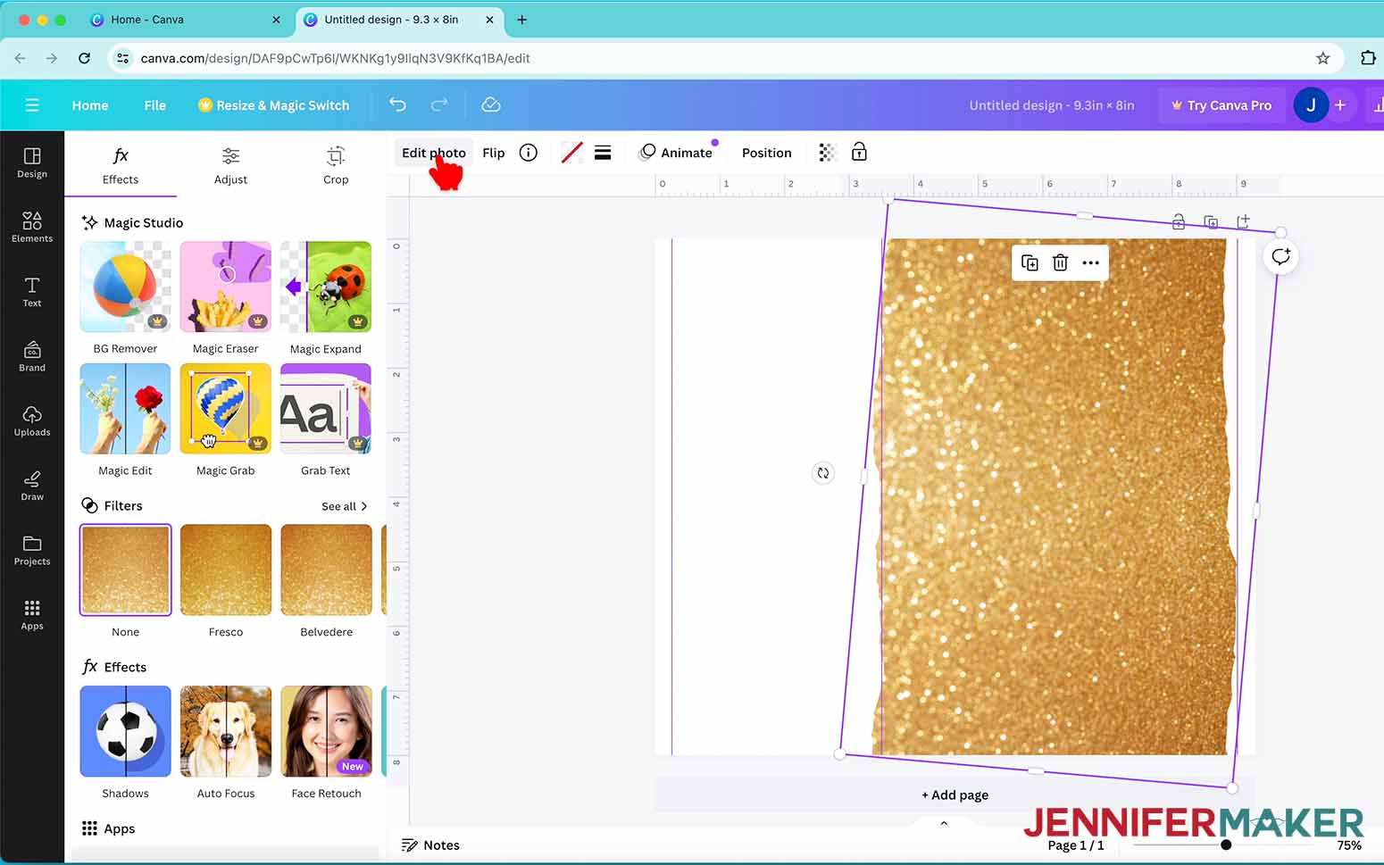 Photo editing tools in Canva for glitter edge tumblers
