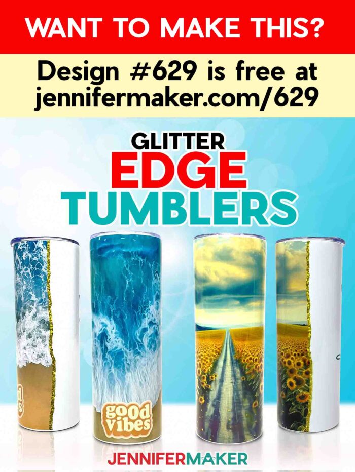 Want to make this? Design #629 is free at jennifermaker.com/629. Learn to make these sublimated beach and sunflowers Glitter Edge Tumblers.