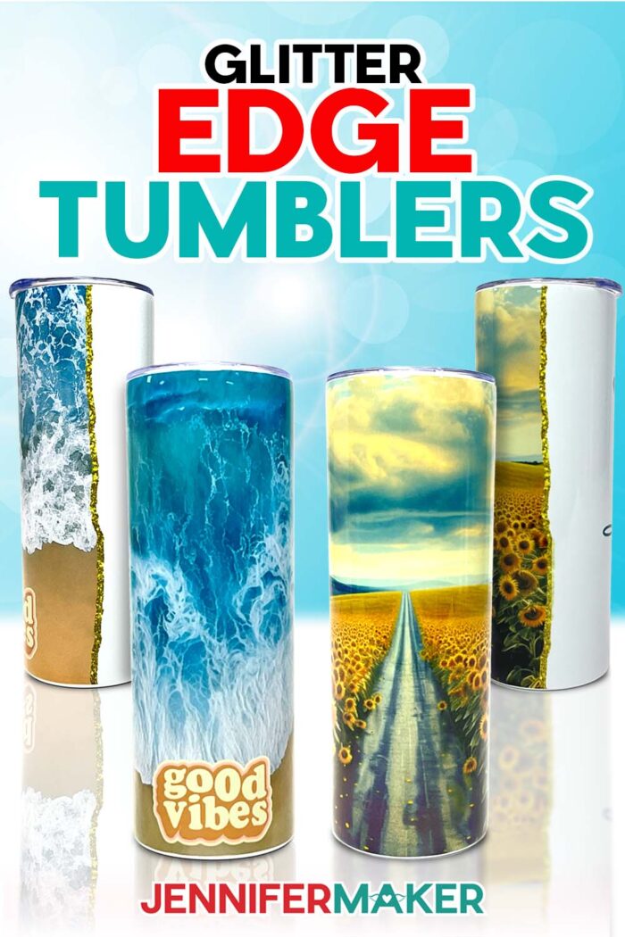 Learn to make sublimated beach and sunflower glitter edge tumblers in this JenniferMaker tutorial.