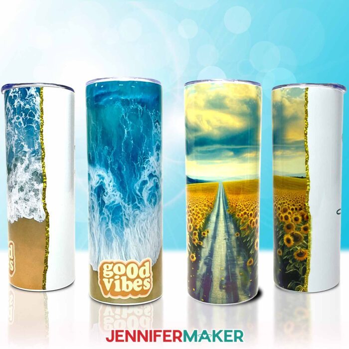 Learn to sublimate beach and sunflower glitter edge tumblers in this JenniferMaker tutorial.