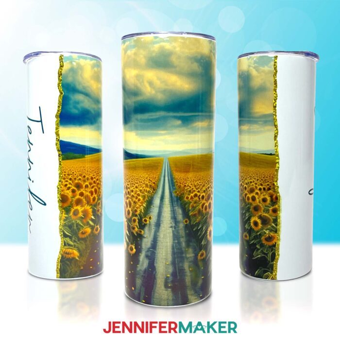 A gold glitter-edge tumbler featuring a sublimated sunflowers design. Learn to sublimate these with Jennifer's tutorial!