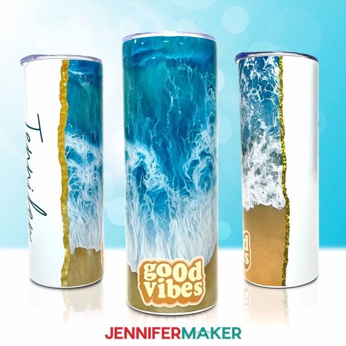 A gold glitter edge tumbler with a "Good Vibes" beach design and the name Jennifer. Learn to make glitter edge tumblers in this tutorial!