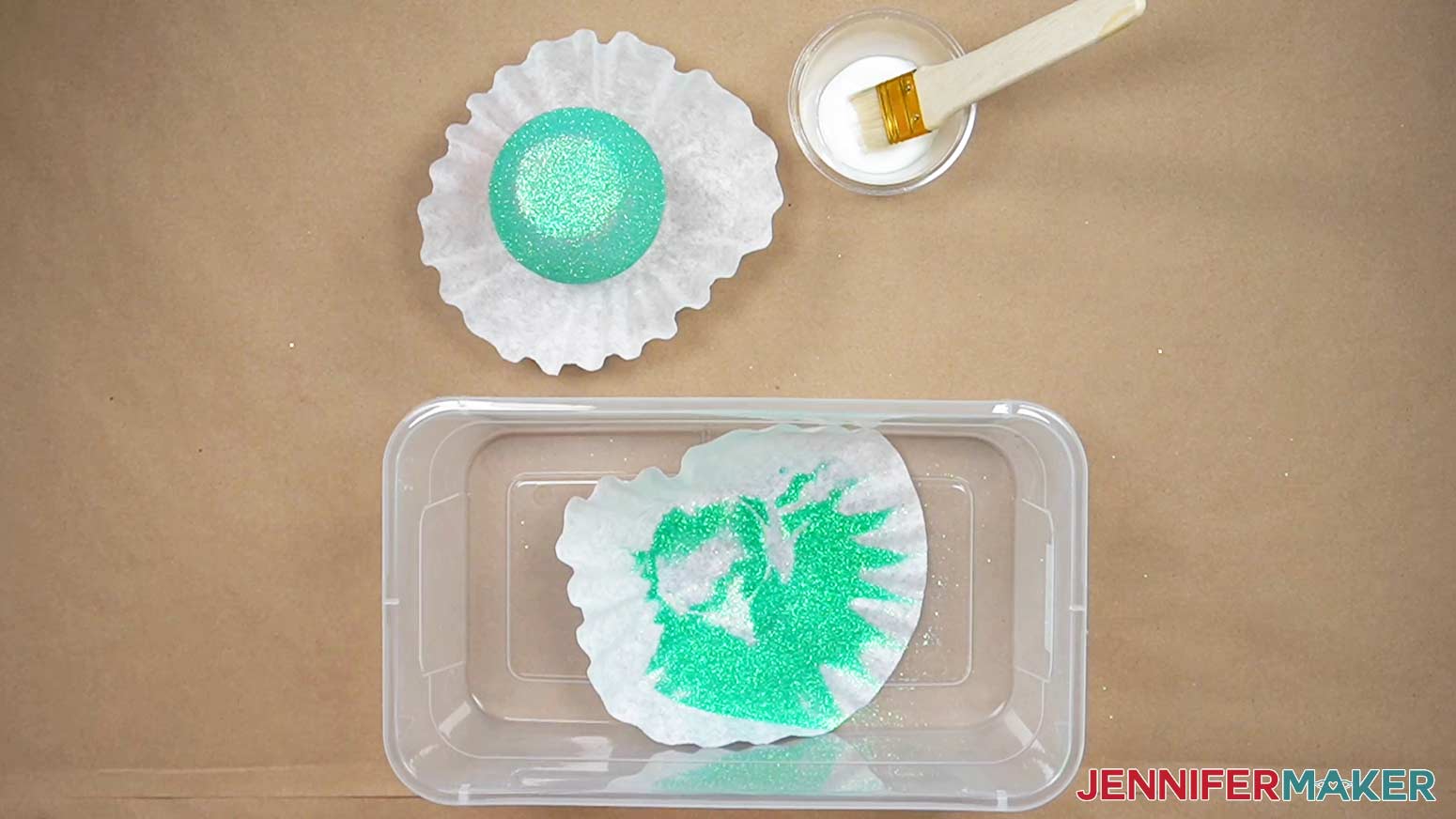 Turn the glass upside down on a coffee filter to dry after adding the glitter.
