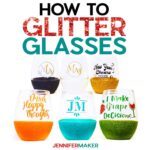 Stemless wine glasses with glitter bottoms and designs made from adhesive vinyl.