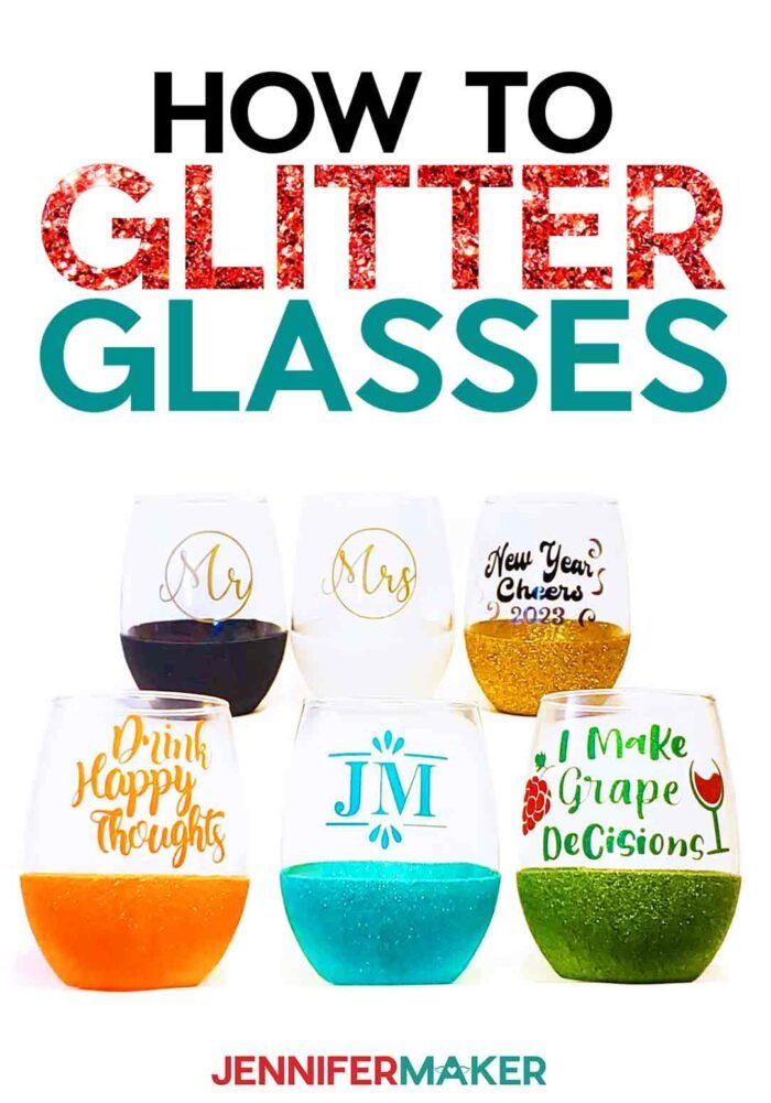 Stemless wine glasses with glitter bottoms and designs made from adhesive vinyl.