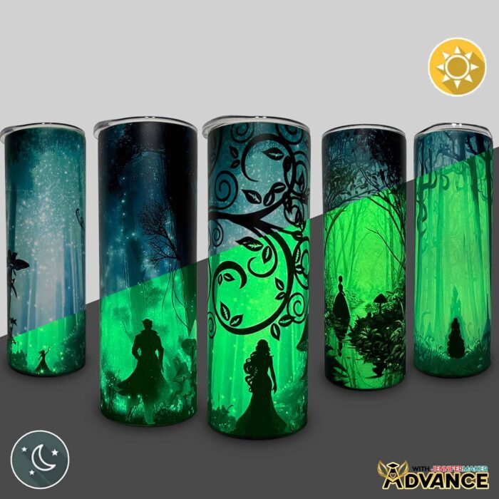 Five Glow In The Dark Tumbler With Reverse Sublimation designs of a in spooky, enchanted forests with extra design details, showing how they look in the light and in the dark