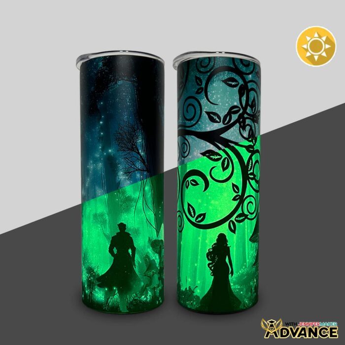 Two Glow In The Dark Tumbler With Reverse Sublimation designs of  women in a spooky, enchanted forests with extra design details, showing how they look in the light and in the dark
