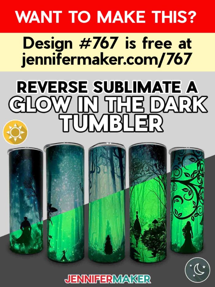 Five Glow In The Dark Tumbler With Reverse Sublimation designs of a in spooky, enchanted forests with extra design details, showing how they look in the light and in the dark. Want to make this? Design #767 is free at jennifermaker.com/767
