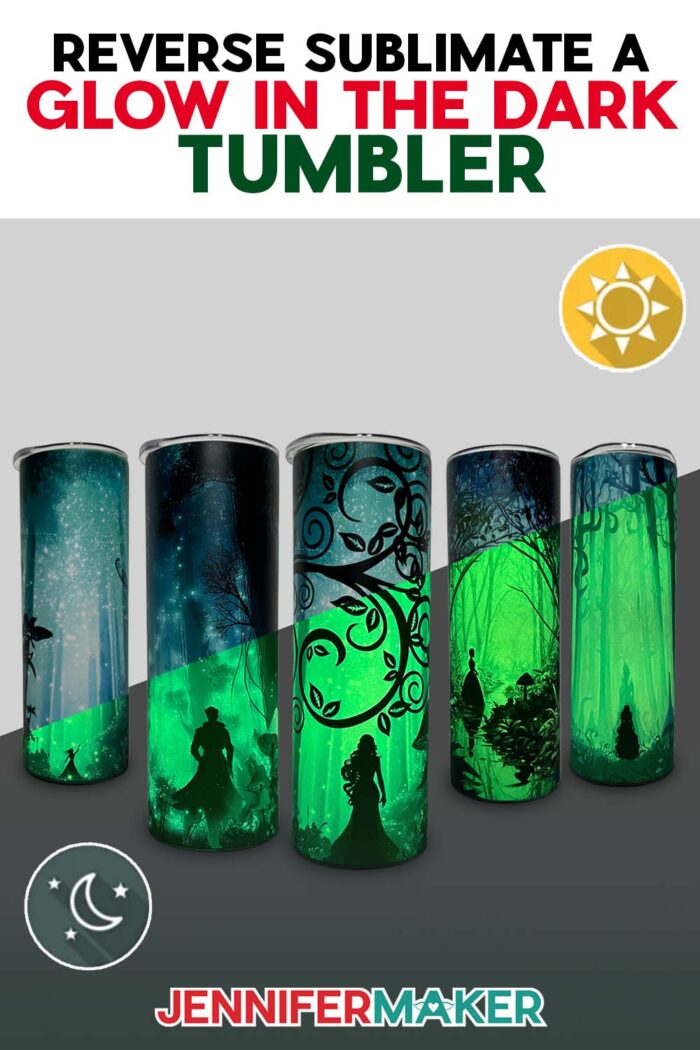 Five Glow In The Dark Tumbler With Reverse Sublimation designs of a in spooky, enchanted forests with extra design details, showing how they look in the light and in the dark. Make your own with the free PNG files and tutorial!