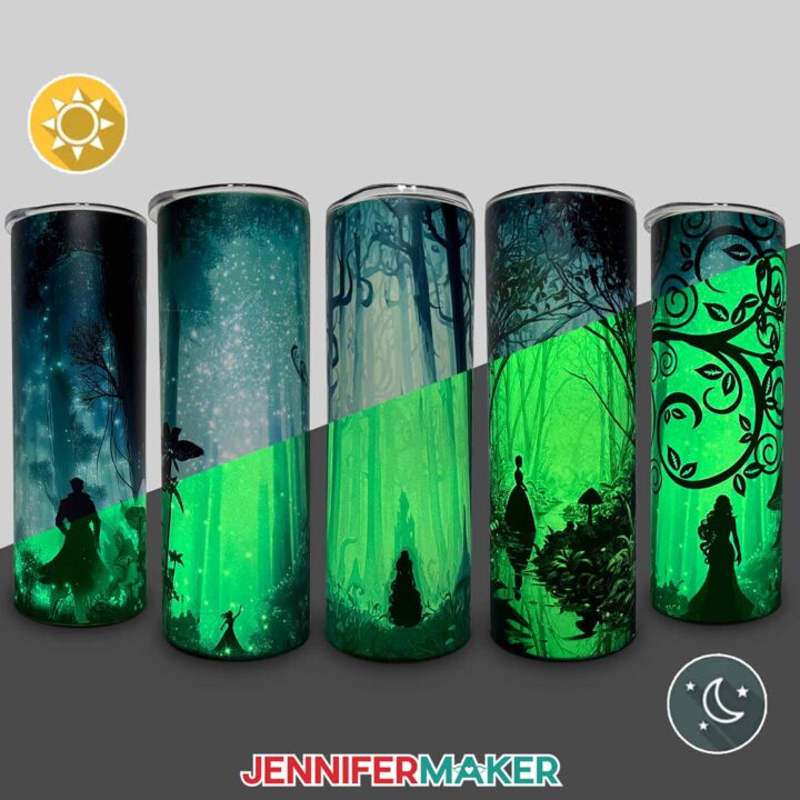 The glow in the dark tumblers are displayed and ready to use.