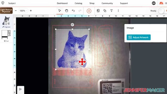 Screenshot of Glowforge software showing design placement and tools.