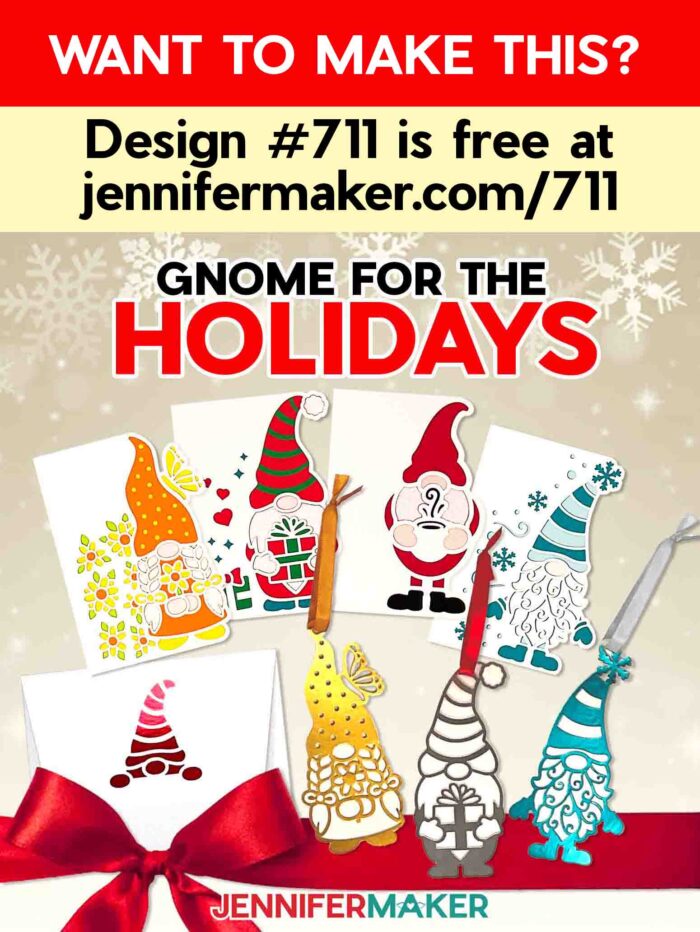 Make a Gnome Gift Set for the holidays, with coordinating gnome cards and gnome ornaments with different colors and styles. Want to make this? Project #711 is free at jennifermaker.com/711
