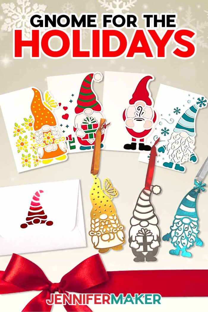 Make a Gnome Gift Set for the holidays, with coordinating gnome cards and gnome ornaments with different colors and styles. Learn how to make them with the free tutorial and files!