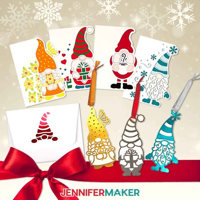 Make a Gnome Gift Set for the holidays, with coordinating gnome cards and gnome ornaments with different colors and styles