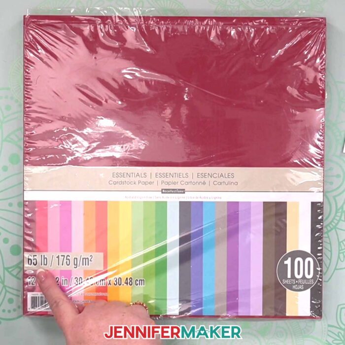 A pack of 12 by 12 inch multicolored cardstock used to make the cards and ornaments in the Gnome Gift Set project