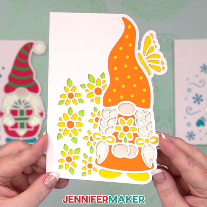 A gnome shaped edge card with yellow and orange details and flowers, from the Gnome Gift Set tutorial