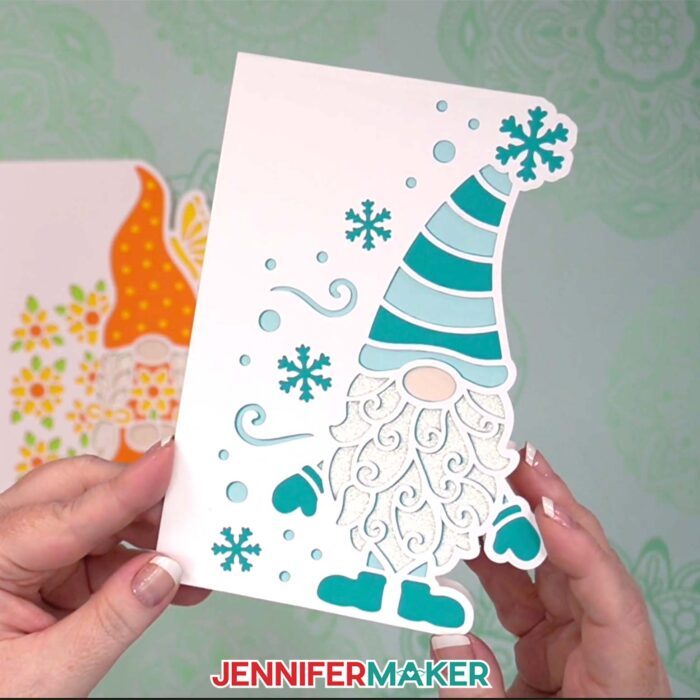 A gnome side edge card decorated with blues and snowflakes, from the Gnome Gift Set tutorial