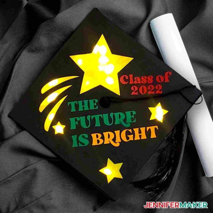 A light up graduation cap decoration idea with The Future is Bright and a shooting star.