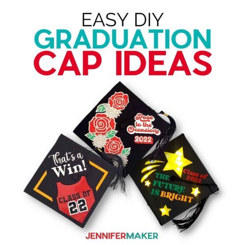 Three decorated mortarboards under the words Easy DIY Graduation Cap Ideas.