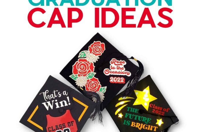 Three decorated mortarboards under the words Easy DIY Graduation Cap Ideas.