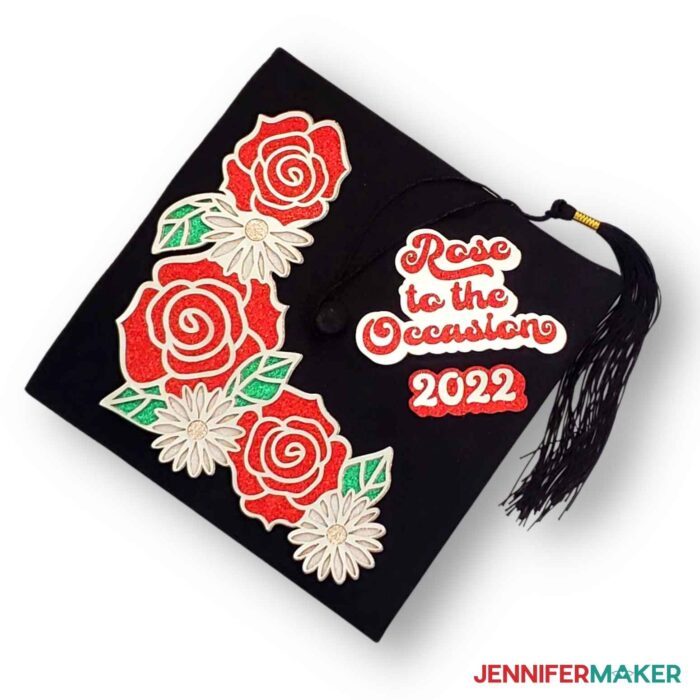 A graduation cap idea with Rose to the Occasion and red roses.
