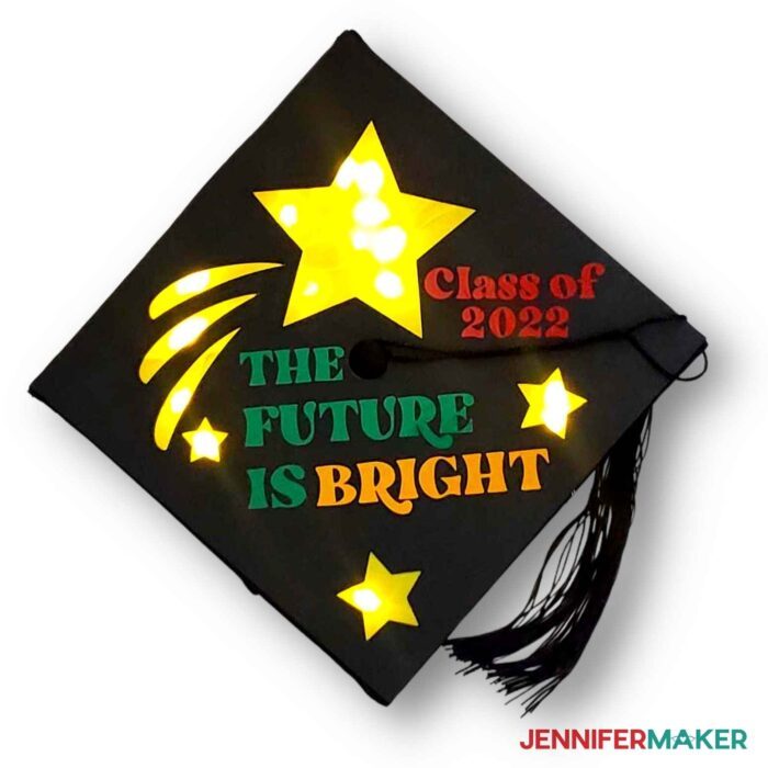 A light up graduation cap decoration idea with The Future is Bright and a shooting star.