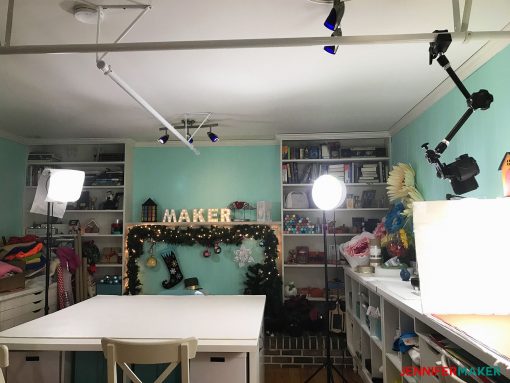 My diffused lamps on tripods in my craft room with overhead mounting system used to take great blog photos