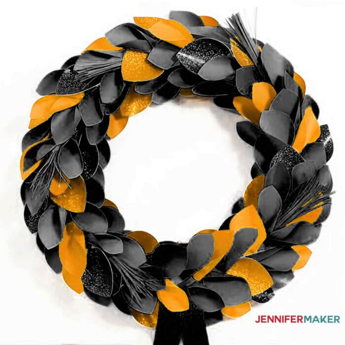 Halloween paper wreath in black and orange