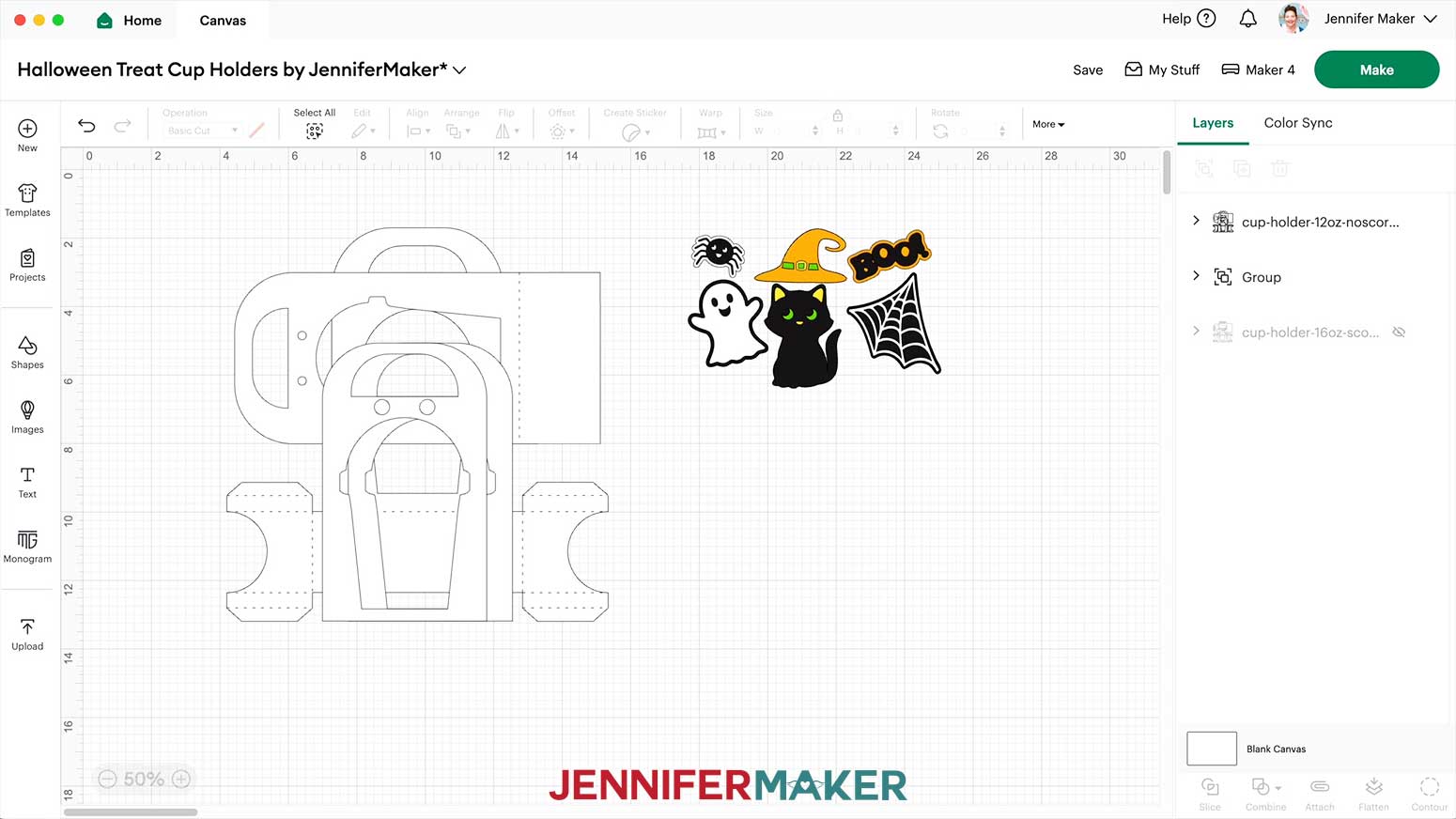 The 12 ounce Halloween treat cup holder assembly pieces and embellishments are added to the Design Space Canvas.