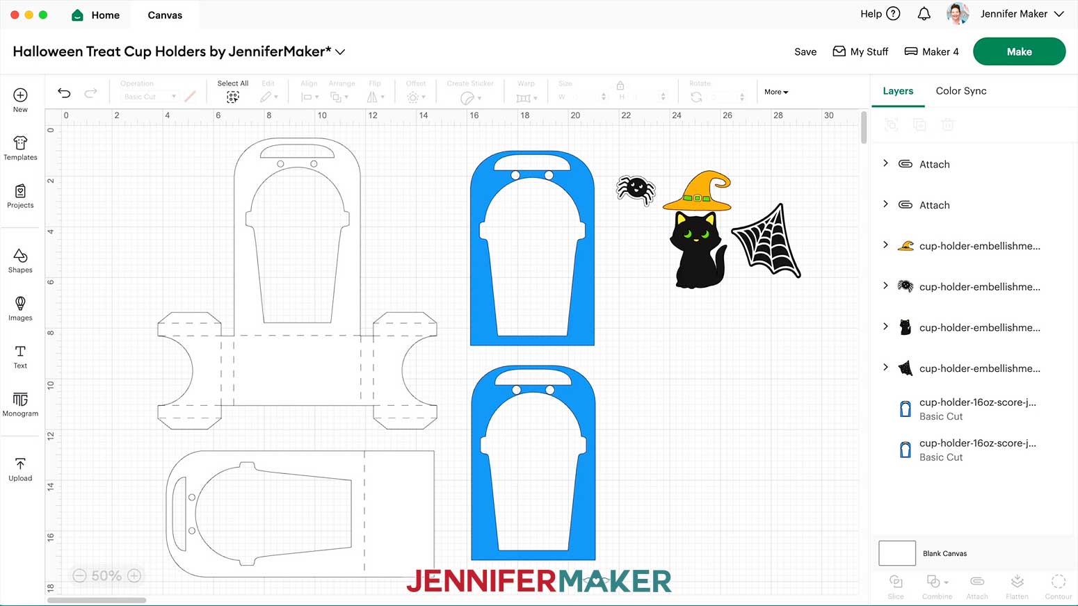 Change colors of the Halloween treat cup holder on the Design Space Canvas to match the materials being used.