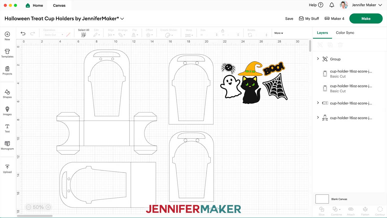 Spread out the pieces of the Halloween treat cup holder on the Design Space Canvas to verify all pieces are present.