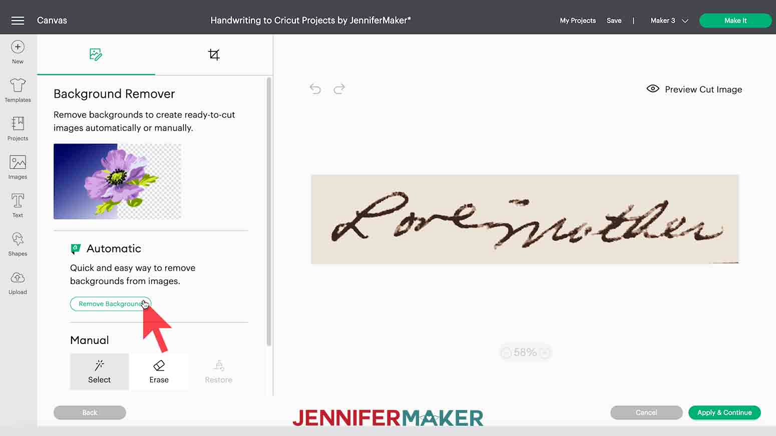Using automatic background remover to clean handwriting bookmark sample