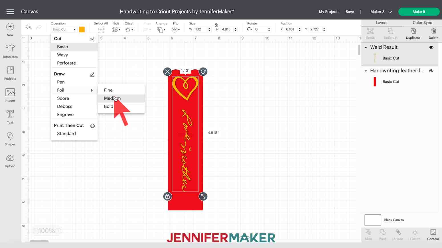 Select foil linetype for handwriting bookmark