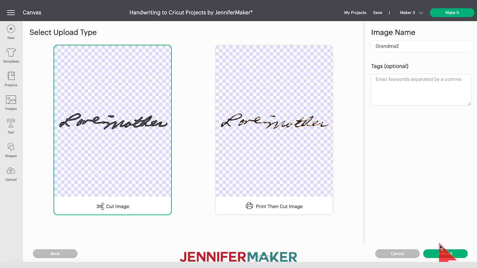 Uploading handwriting bookmark sample