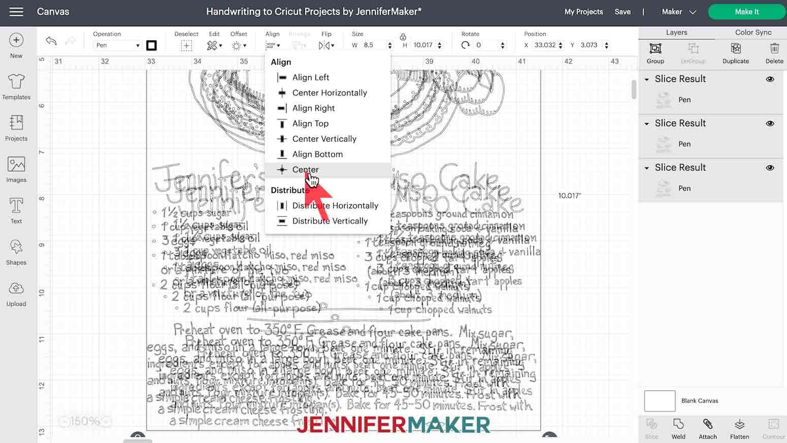 Centering all handwriting sample layers in Design Space