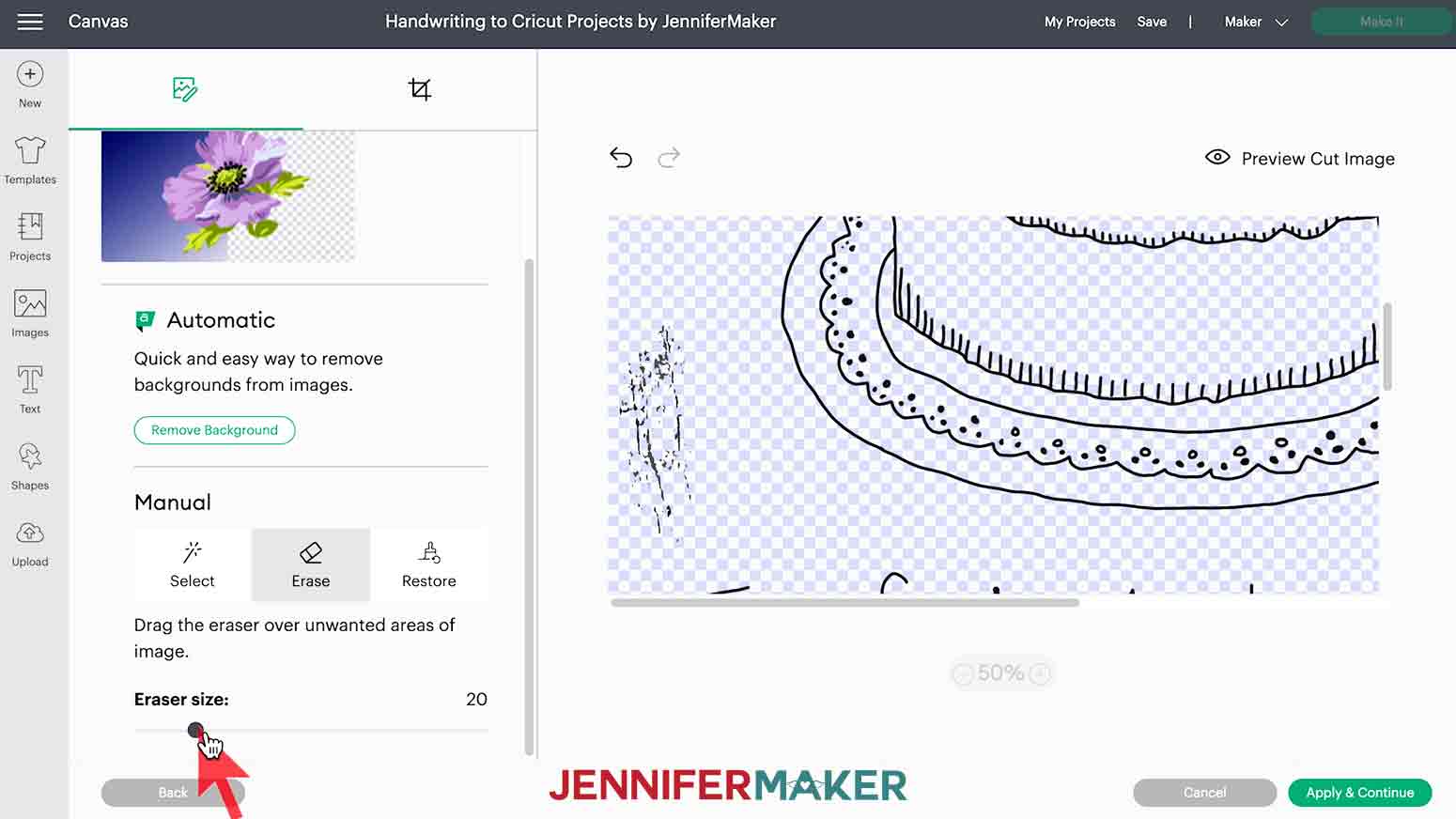 Changing eraser size for handwriting sample image in Design Space