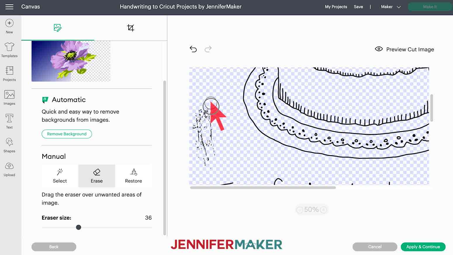 Erasing on handwriting sample image in Design Space