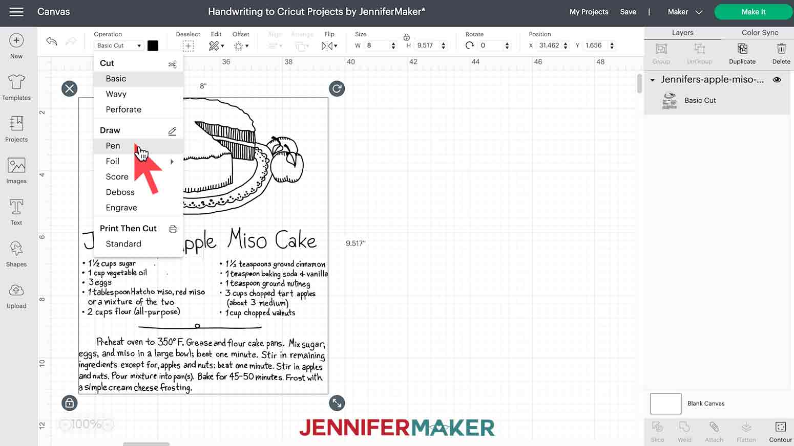 Change linetype of handwriting sample to pen in Design Space