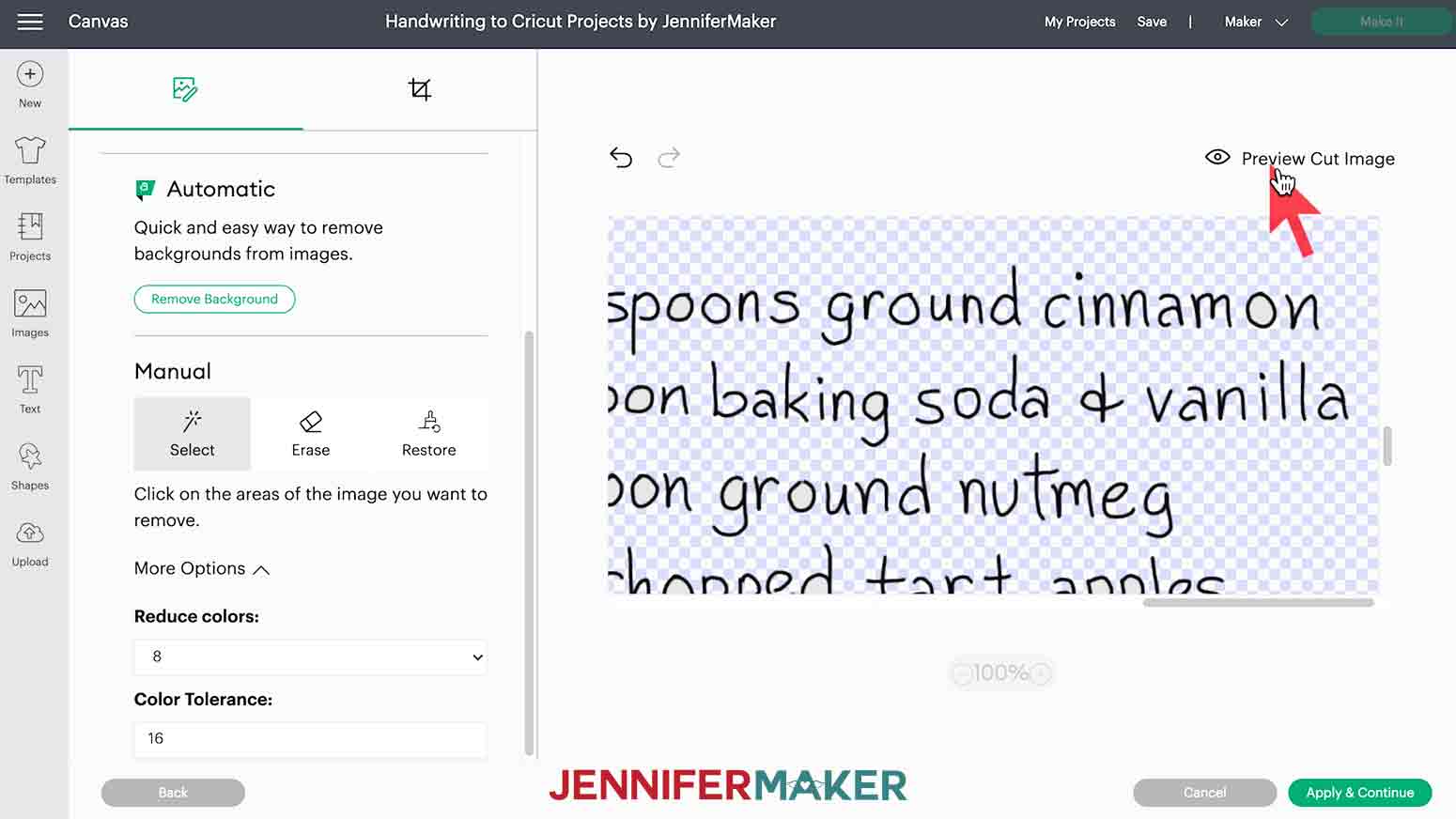 Previewing handwriting sample image in Design Space