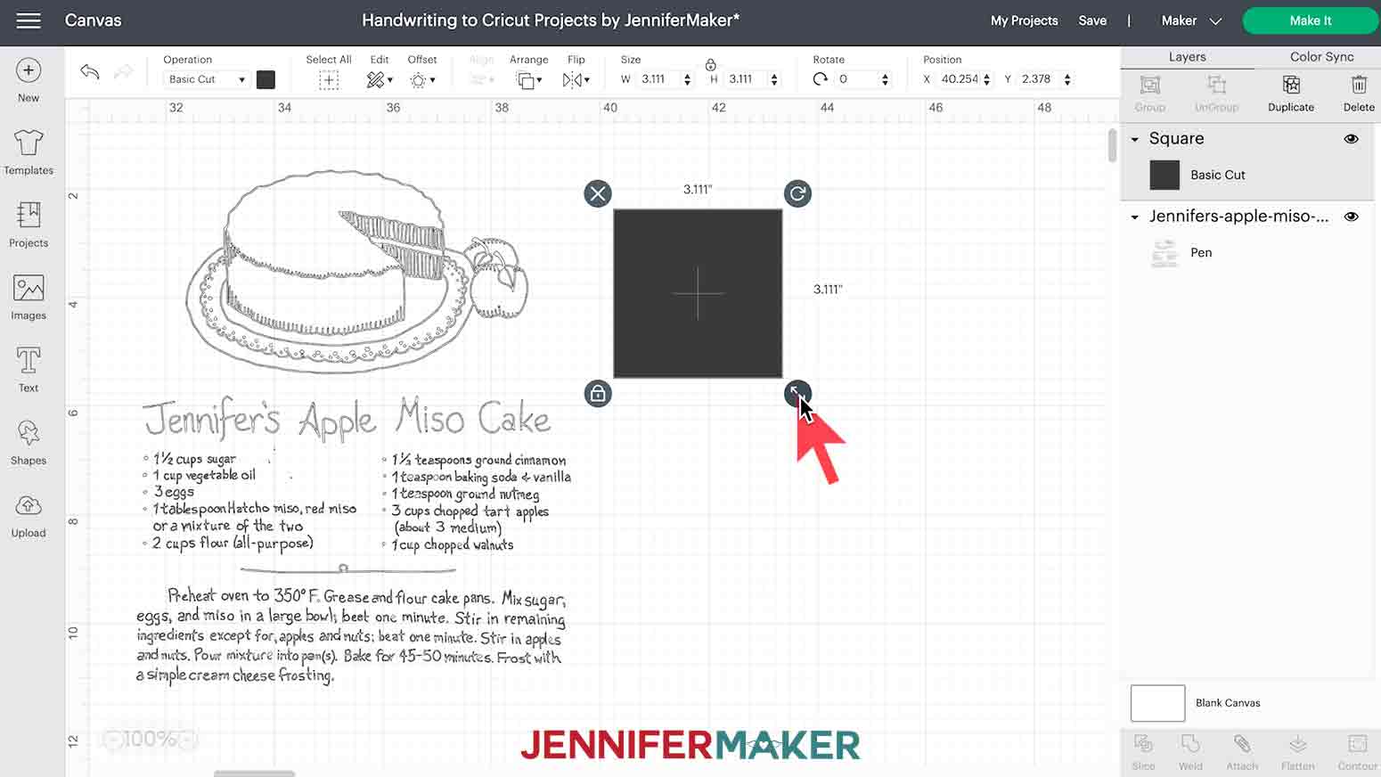 Resizing square in handwriting sample project