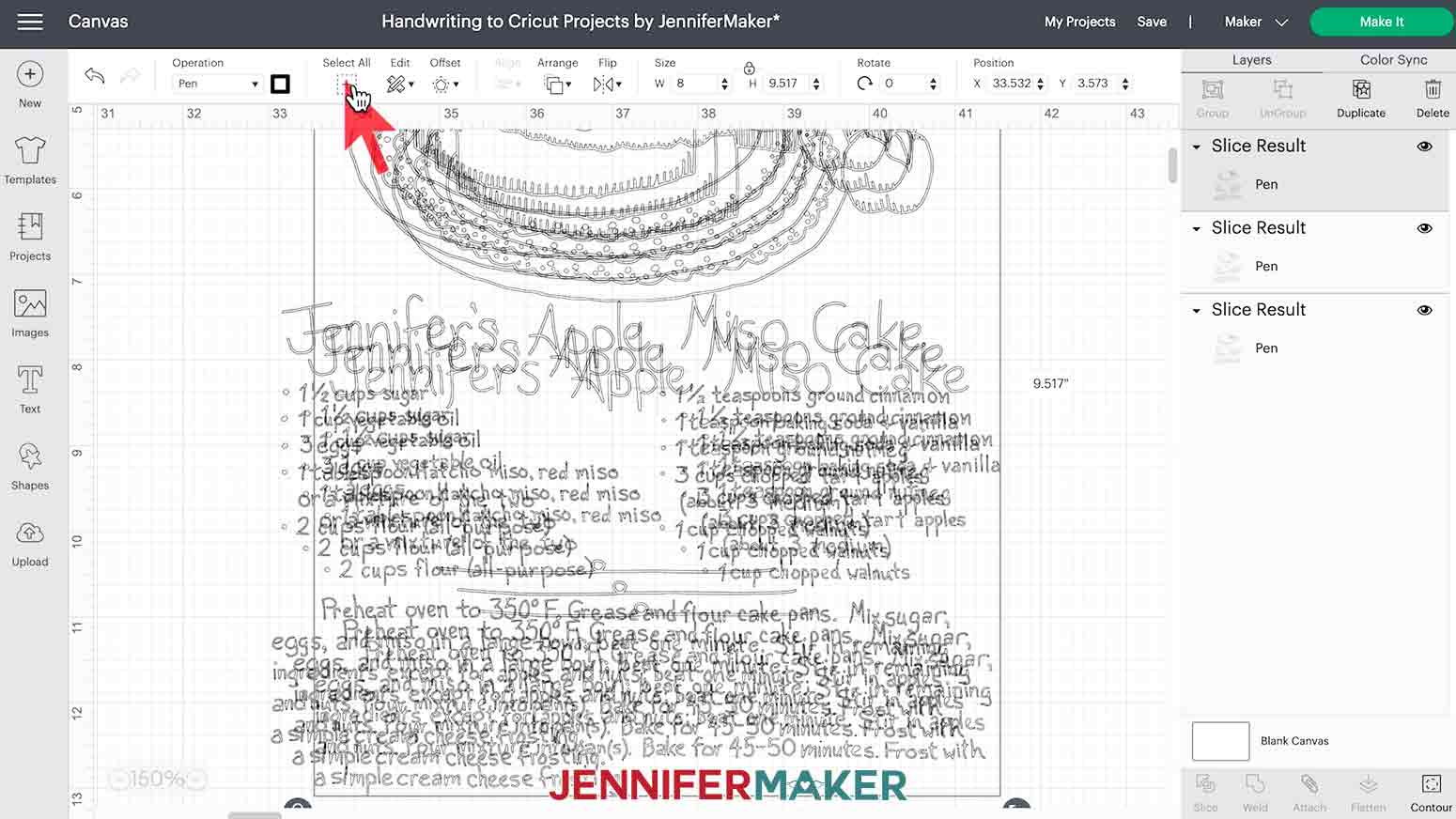 Select all handwriting sample layers in Design Space