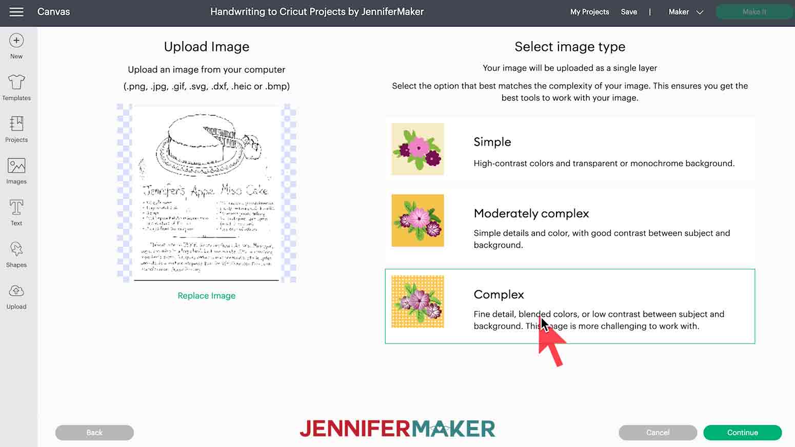 Selecting complex for handwriting sample in Design Space