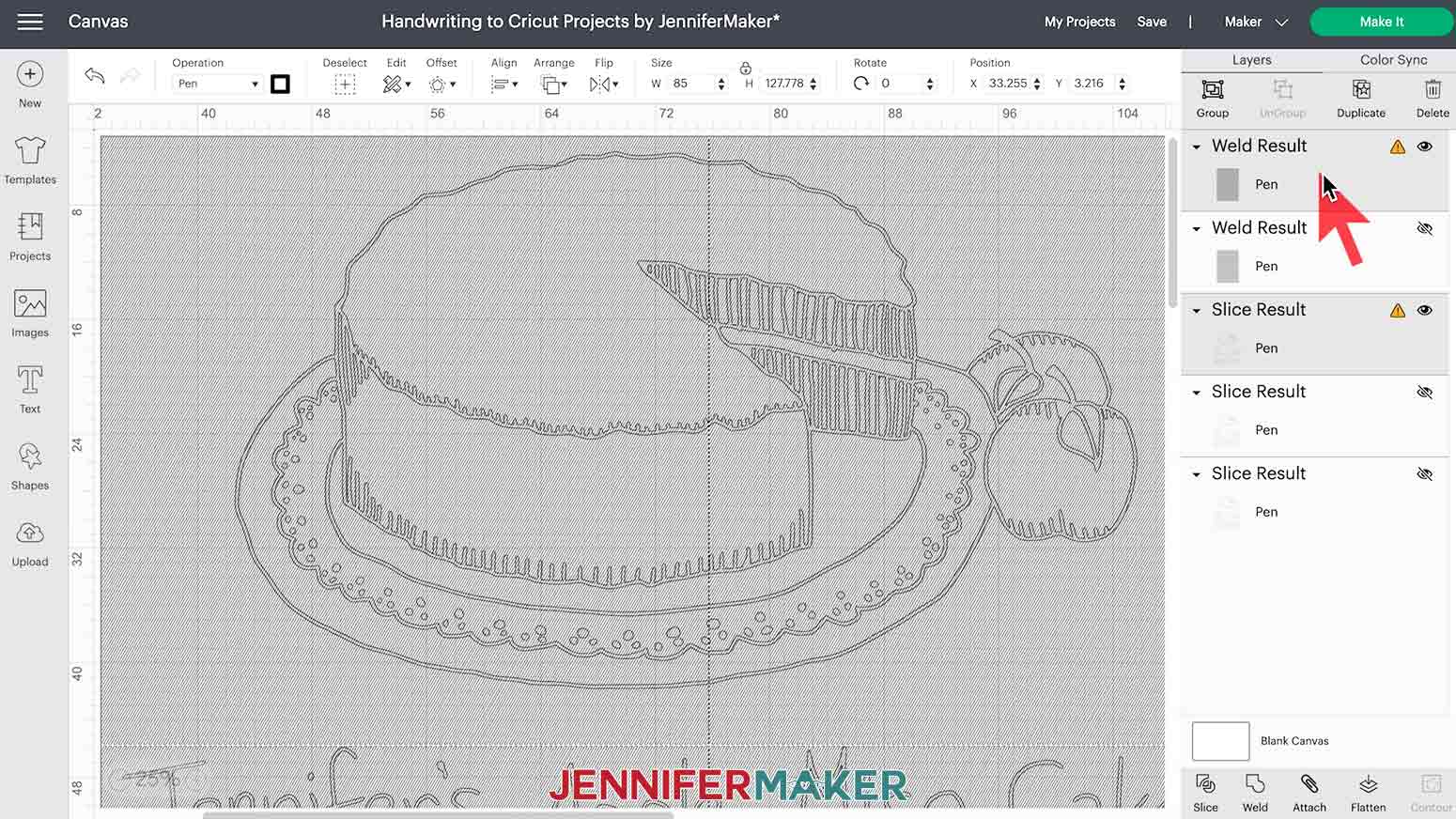 Selecting visible handwriting and crosshatch layers