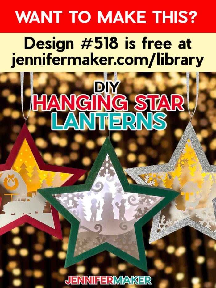 Make DIY Hanging Star Lanterns with JenniferMaker's tutorial! Three miniature star-shaped layered cardstock ornaments with winter and holiday scenes inside, hanging on a backdrop of twinkling Christmas lights. Want to make this? Design #518 is free at jennifermaker.com/library.