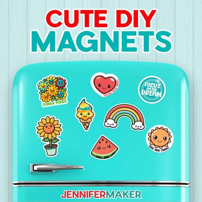 Make Happy Summer Magnets with JenniferMaker's tutorial! A collection of magnets with adorable kawaii-style summer foods, flowers, and rainbows with sweet and uplifting quotes decorate a bright teal refrigerator.